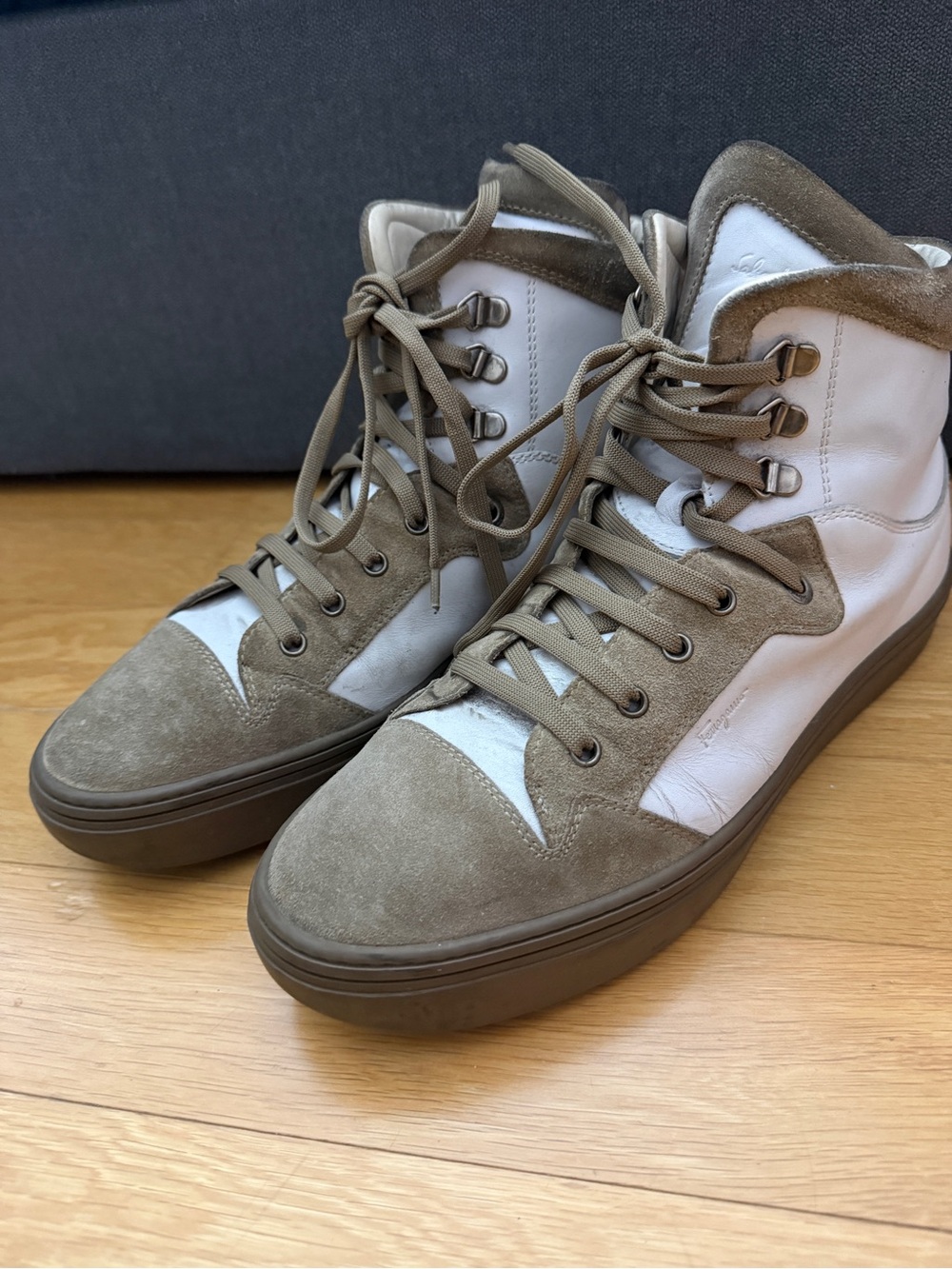 Salvatore Ferragamo Men High-Top Suede & Leather Sneakers in Taupe, White sz 10